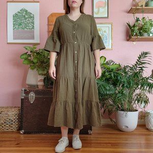 Chelsea and Theodore Moss Green 100% Cotton Double Gauze Midi Dress Size L